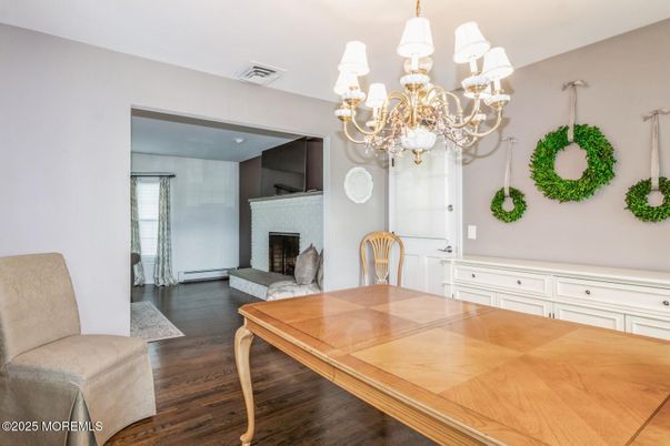 Chandelier, Dining room, Fireplace, Interior, Wood Texture Flooring