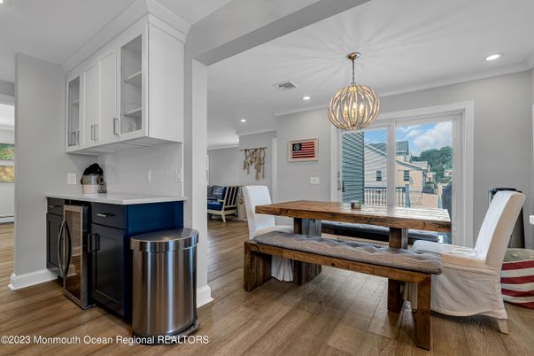 Dining room, Interior, Kitchen, Pendant Lights, Recessed Lighting, Wood Texture Flooring