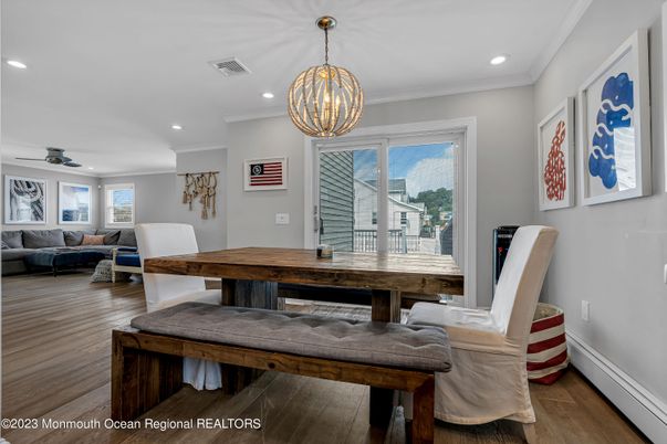 Dining room, Interior, Living room, Pendant Lights, Recessed Lighting, Wood Texture Flooring