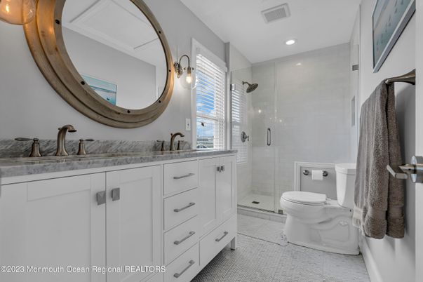 Bathroom, Dual Sink Vanities, Glass Shower, Interior, Recessed Lighting