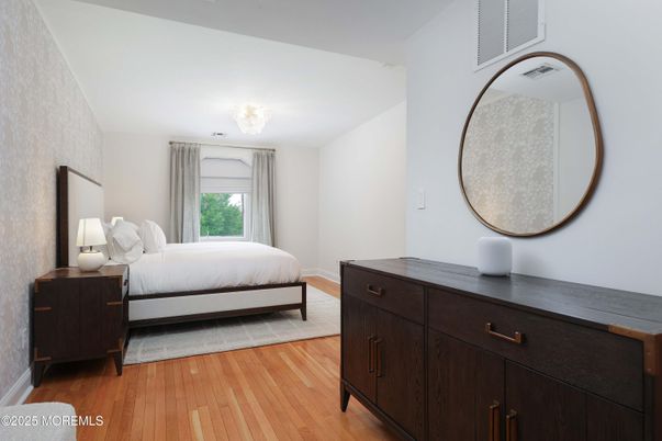 Bedroom, Chandelier, Interior, Wood Texture Flooring