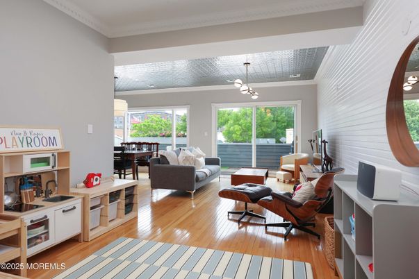 Dining room, Interior, Living room, Pendant Lights, Wood Texture Flooring