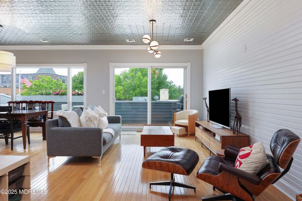 Dining room, Interior, Living room, Pendant Lights, Wood Texture Flooring