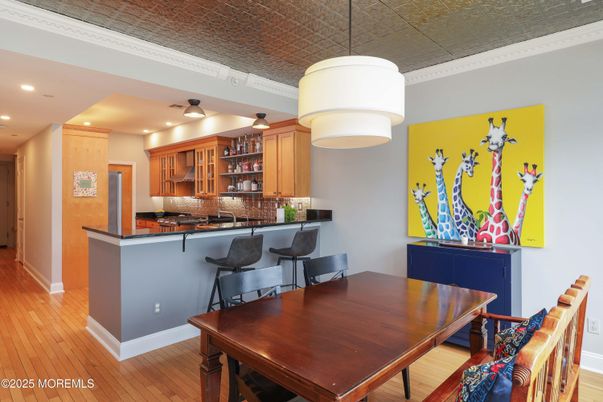Dining room, Interior, Pendant Lights, Recessed Lighting, Wood Texture Flooring