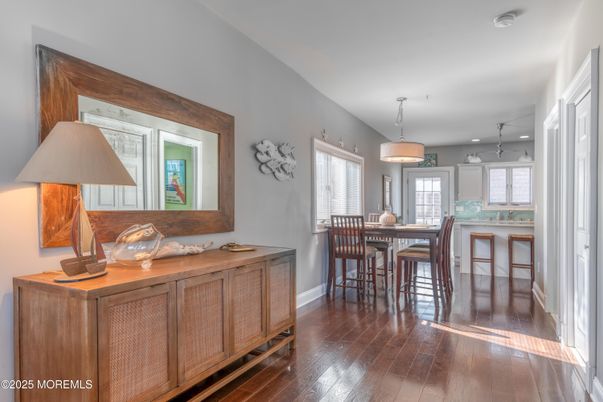 Dining room, Interior, Pendant Lights, Recessed Lighting, Wood Texture Flooring