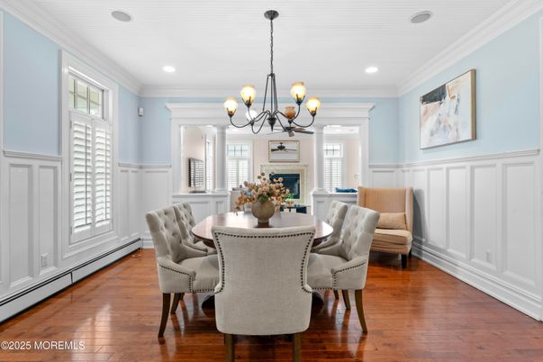 Chandelier, Dining room, Fireplace, Interior, Recessed Lighting, Wood Texture Flooring