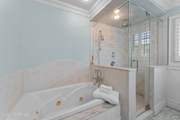 Bathroom, Glass Shower, Interior, Marble Walls, Recessed Lighting