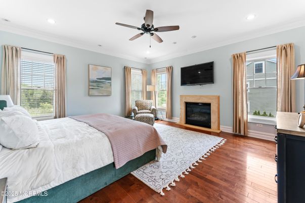 Bedroom, Fireplace, Interior, Recessed Lighting, Wood Texture Flooring