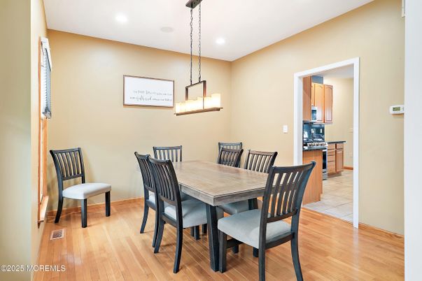 Dining room, Interior, Pendant Lights, Recessed Lighting, Wood Texture Flooring