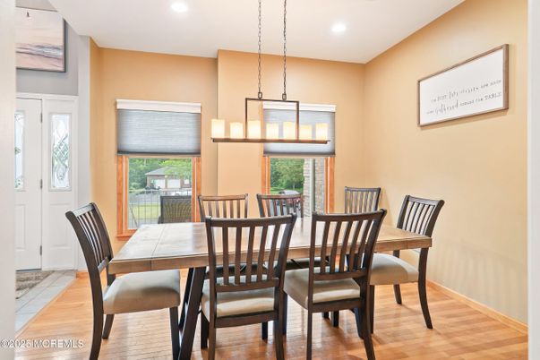 Dining room, Interior, Pendant Lights, Recessed Lighting, Wood Texture Flooring
