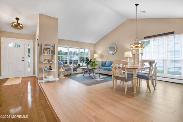 Dining room, Interior, Living room, Pendant Lights, Wood Texture Flooring