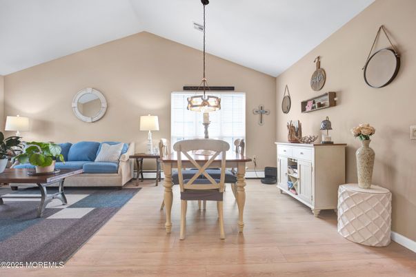 Dining room, Interior, Living room, Pendant Lights, Wood Texture Flooring