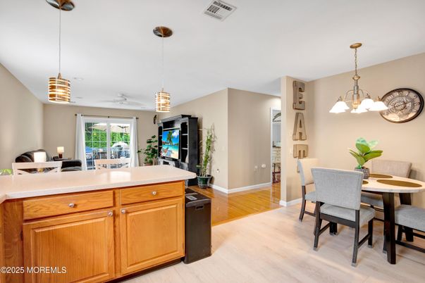 Dining room, Interior, Kitchen, Pendant Lights, Wood Texture Flooring