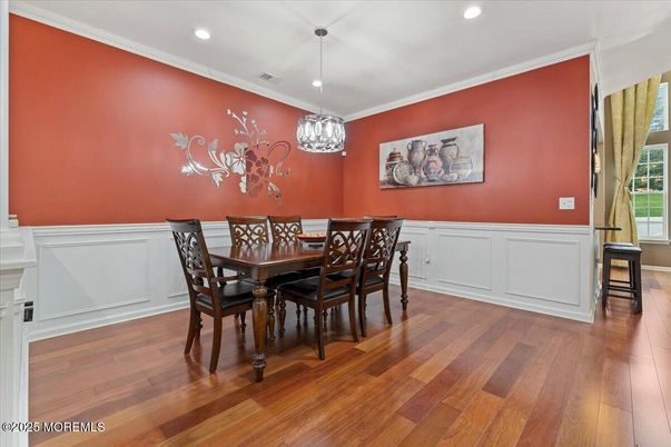 Dining room, Interior, Pendant Lights, Recessed Lighting, Wood Texture Flooring