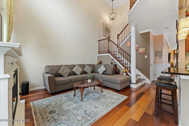 Fireplace, Interior, Living room, Pendant Lights, Wood Texture Flooring