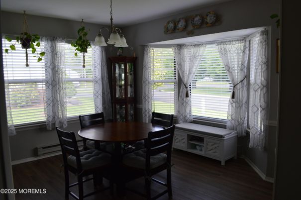 Dining room, Interior, Pendant Lights, Wood Texture Flooring