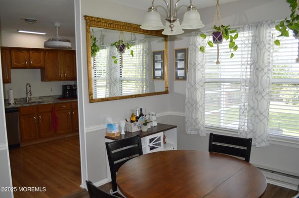 Dining room, Interior, Kitchen, Pendant Lights, Wood Texture Flooring