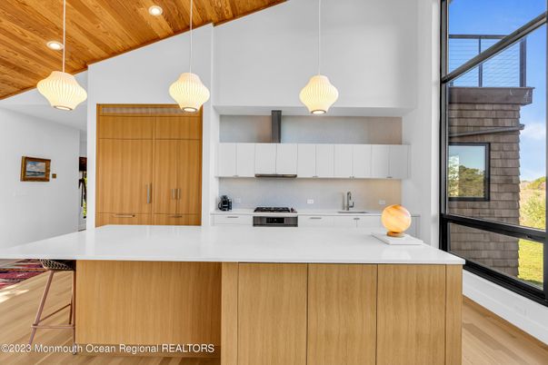 Interior, Kitchen, Pendant Lights, Recessed Lighting, Stainless Steel Appliances, Wooden Ceilings, Wood Texture Flooring