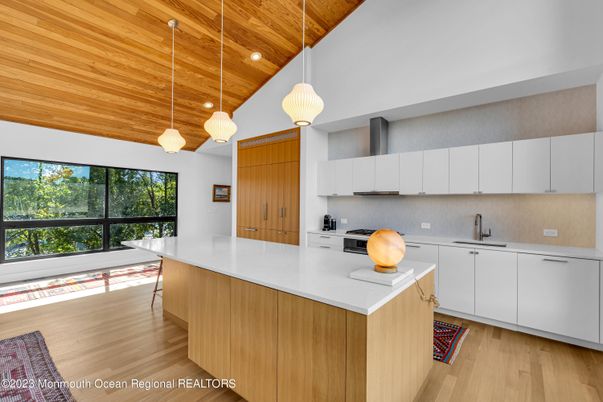 Interior, Kitchen, Pendant Lights, Recessed Lighting, Wooden Ceilings, Wood Texture Flooring