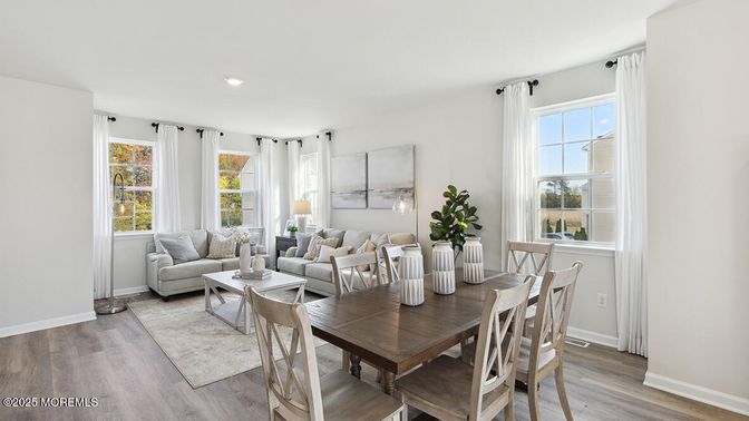 Dining room, Interior, Living room, Recessed Lighting, Wood Texture Flooring
