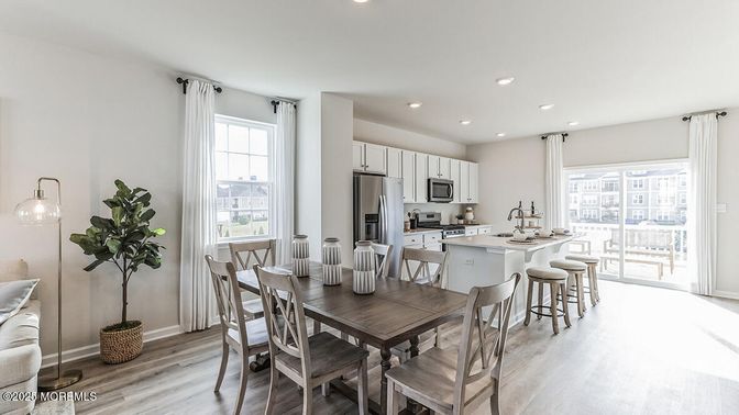 Dining room, Interior, Kitchen, Recessed Lighting, Stainless Steel Appliances, Wood Texture Flooring