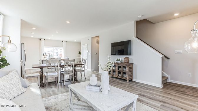Dining room, Interior, Living room, Recessed Lighting, Wood Texture Flooring