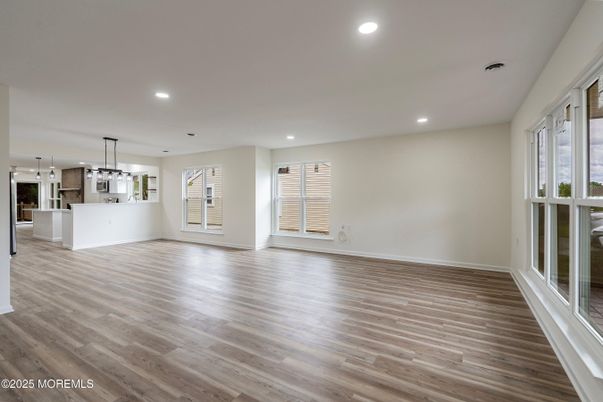 Empty room, Interior, Kitchen, Pendant Lights, Recessed Lighting, Wood Texture Flooring