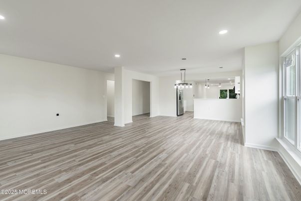 Empty room, Interior, Pendant Lights, Recessed Lighting, Wood Texture Flooring