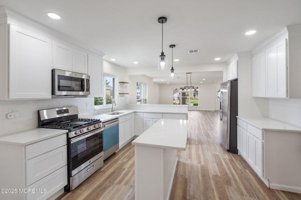 Interior, Kitchen, Pendant Lights, Recessed Lighting, Stainless Steel Appliances, Wood Texture Flooring