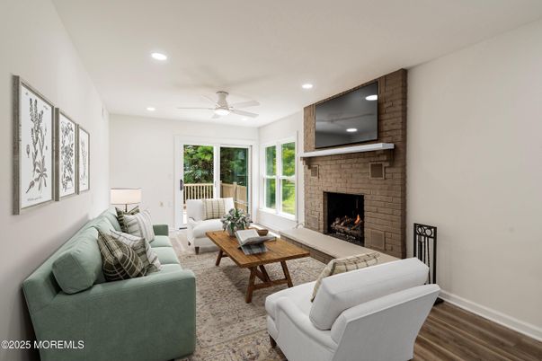 Fireplace, Interior, Living room, Recessed Lighting, Stone Walls, Wood Texture Flooring