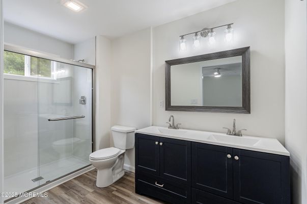 Bathroom, Glass Shower, Interior, Wood Texture Flooring