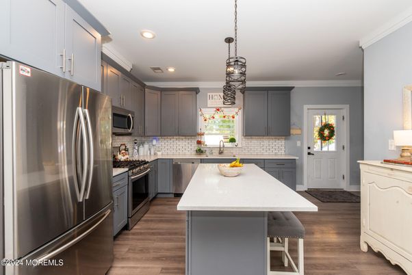 Interior, Kitchen, Pendant Lights, Recessed Lighting, Stainless Steel Appliances, Wood Texture Flooring