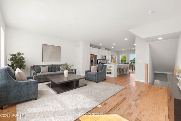 Dining room, Interior, Kitchen, Living room, Recessed Lighting, Stainless Steel Appliances, Wood Texture Flooring
