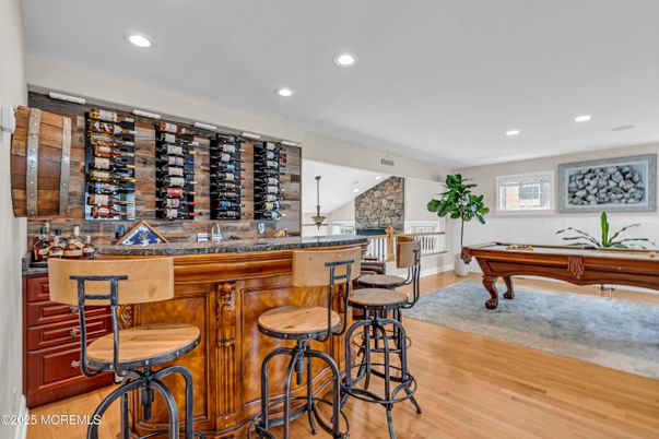 Billiard Table, Game Room, Interior, Recessed Lighting, Stone Walls, Wood Texture Flooring