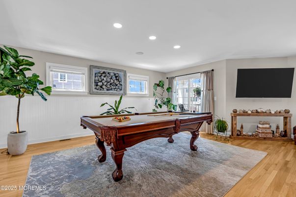 Billiard Table, Game Room, Interior, Recessed Lighting, Wood Texture Flooring