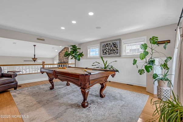 Billiard Table, Game Room, Interior, Recessed Lighting, Stone Walls, Wood Texture Flooring
