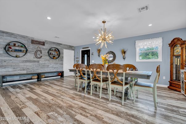Dining room, Interior, Pendant Lights, Recessed Lighting, Wood Texture Flooring
