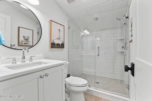 Bathroom, Glass Shower, Interior, Wood Texture Flooring