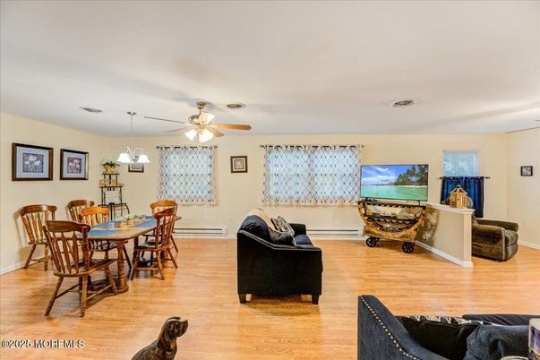 Dining room, Interior, Living room, Pendant Lights, Wood Texture Flooring