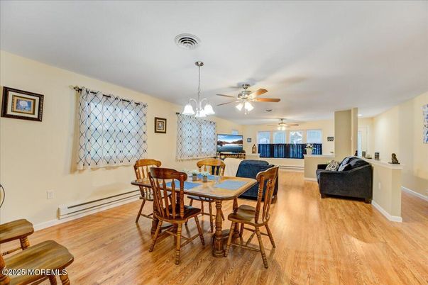 Dining room, Interior, Pendant Lights, Wood Texture Flooring