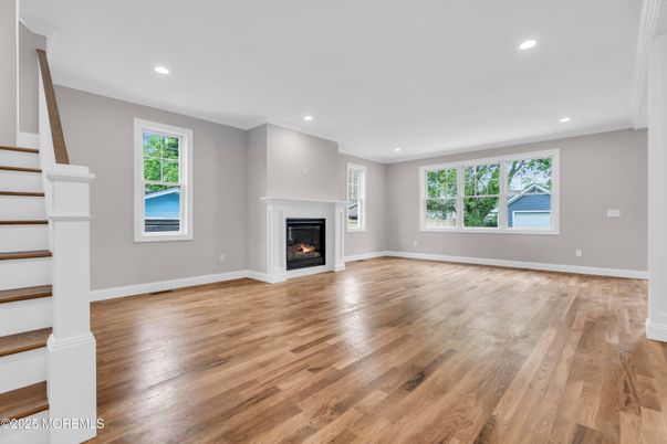 Empty room, Fireplace, Interior, Recessed Lighting, Wood Texture Flooring
