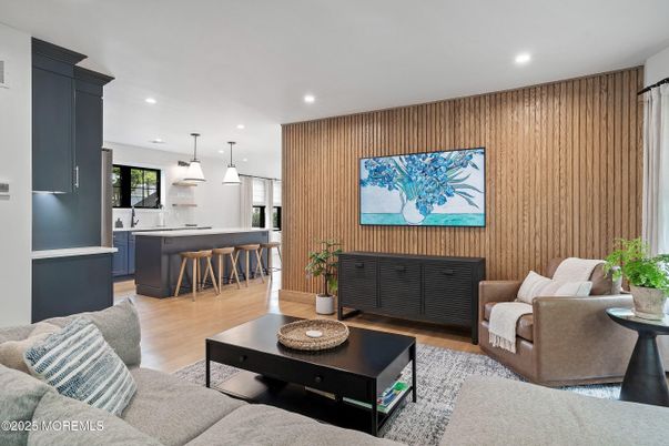Interior, Kitchen, Living room, Pendant Lights, Recessed Lighting, Wood Texture Flooring, Wooden Walls
