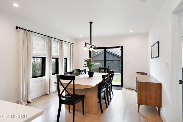 Dining room, Interior, Pendant Lights, Recessed Lighting, Wood Texture Flooring