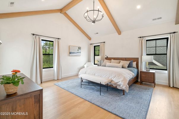 Bedroom, Interior, Pendant Lights, Recessed Lighting, Wooden Beams, Wood Texture Flooring