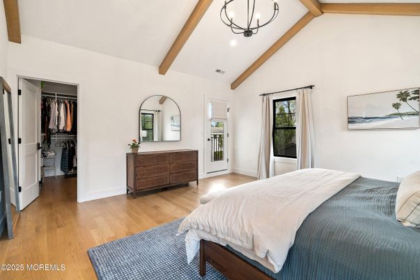 Bedroom, Interior, Pendant Lights, Wooden Beams, Wood Texture Flooring