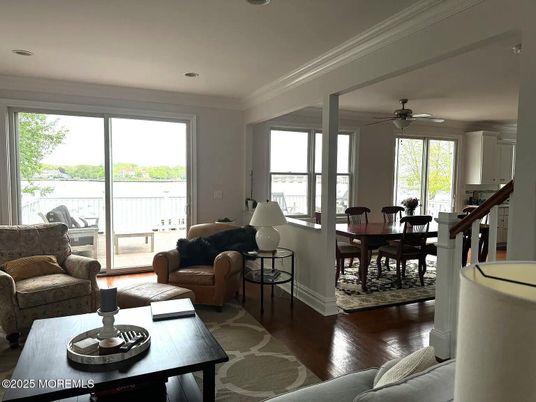 Dining room, Interior, Living room, Recessed Lighting, Wood Texture Flooring