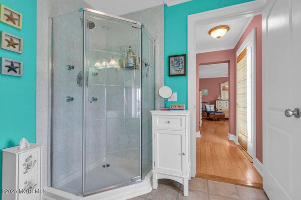Bathroom, Glass Shower, Interior, Wood Texture Flooring