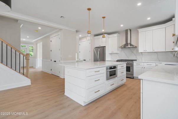 Interior, Kitchen, Pendant Lights, Recessed Lighting, Stainless Steel Appliances, Wood Texture Flooring