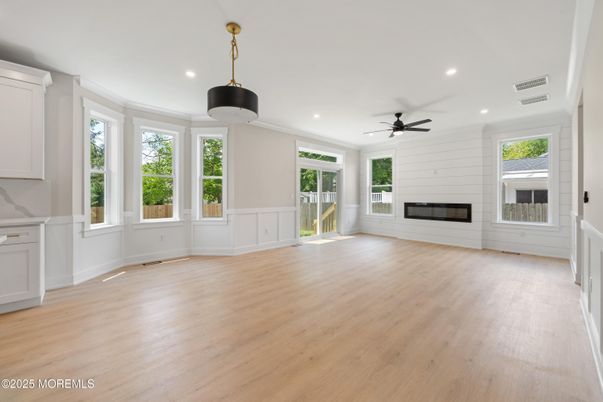 Empty room, Fireplace, Interior, Pendant Lights, Recessed Lighting, Wood Texture Flooring