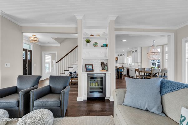 Chandelier, Dining room, Fireplace, Interior, Living room, Recessed Lighting, Wood Texture Flooring